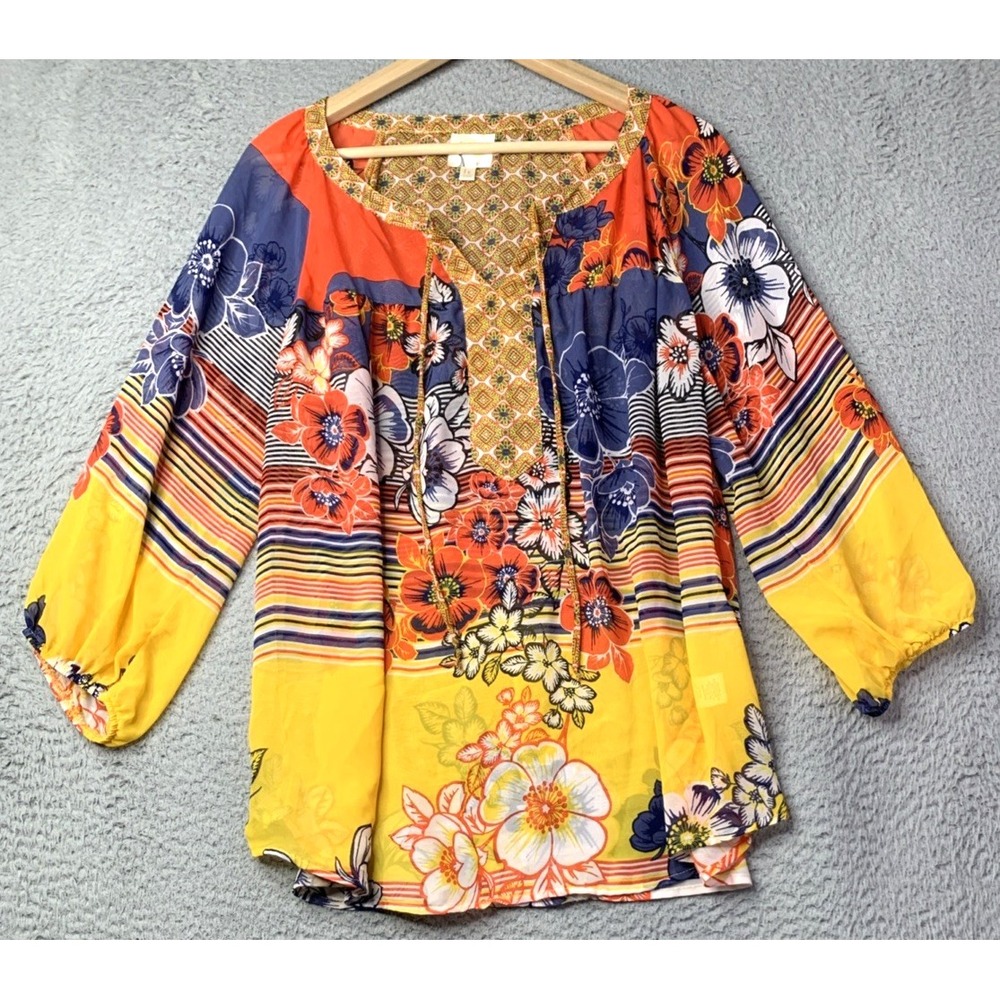 Anthropologie Fig and Flower Top Blouse Womens 1X Sheer Floral 3/4 Sleeve Blouse
